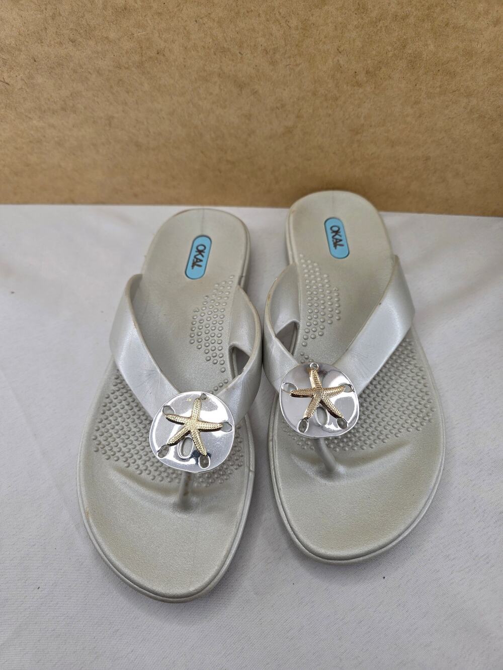 Oka-B white sand dollar flip-flops Size M